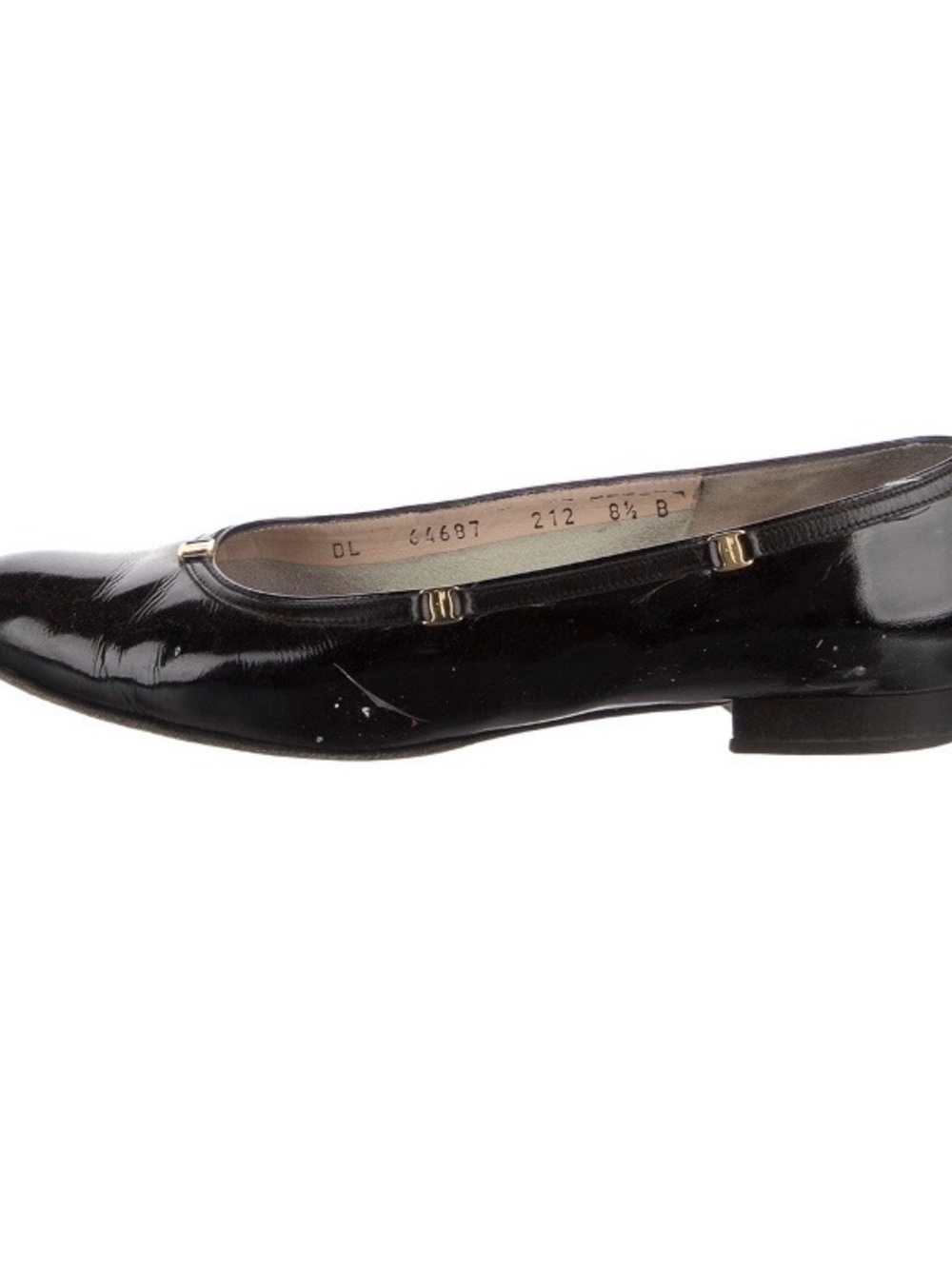 Salvatore Ferragamo Black Patent Leather Ballet Flat with Gold Accent